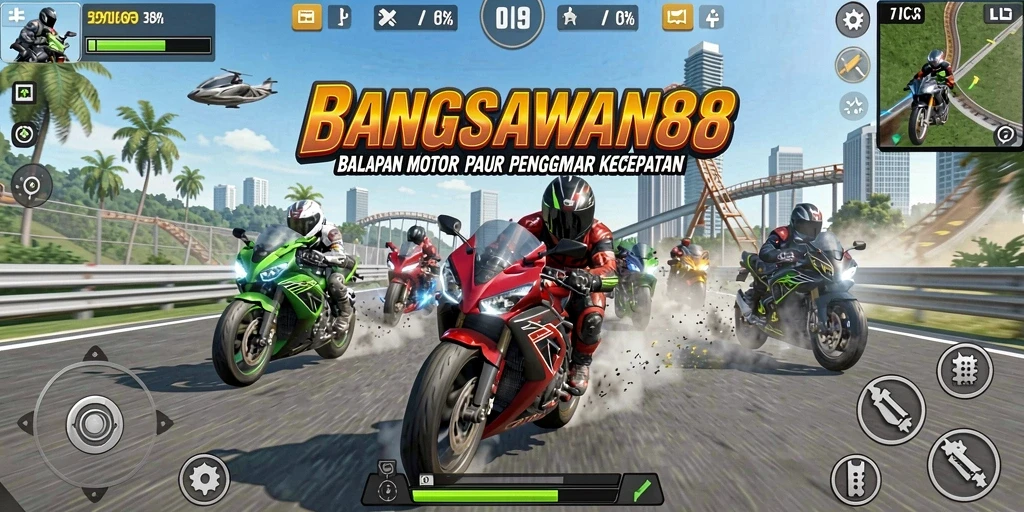 Tampilan gameplay BANGSAWAN88 yang mendebarkan dalam balapan motor.