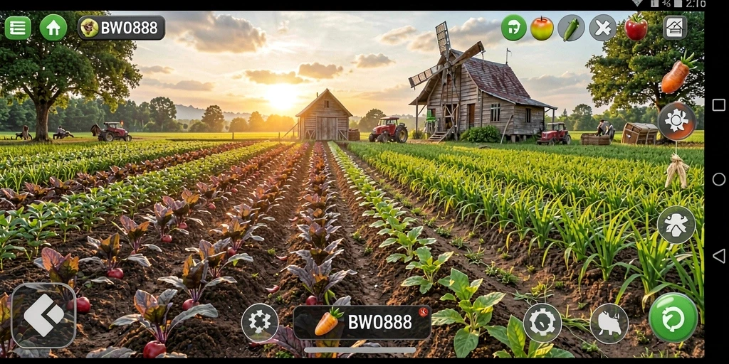 Tampilan gameplay menarik dari BWO888 yang menampilkan ladang pertanian berwarna-warni.