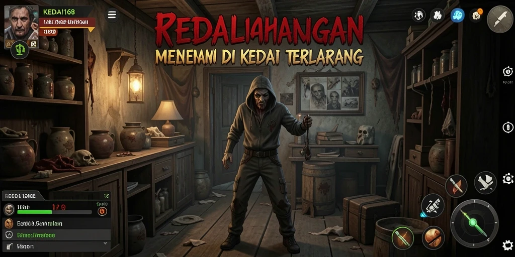 Tangkapan layar gameplay KEDAI168 menunjukkan suasana menyeramkan di kedai gelap.