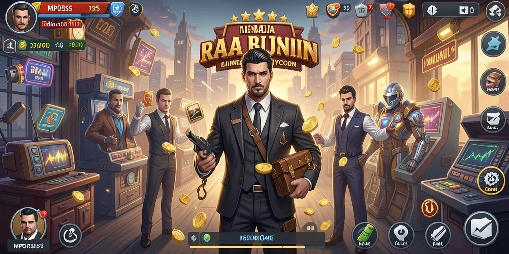 Gameplay MPO555 menampilkan pengelolaan bisnis yang seru.