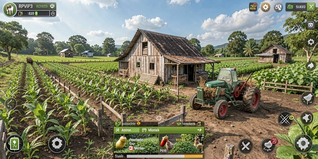 Screenshot gameplay RPVIP3 menampilkan aktivitas pertanian yang seru.