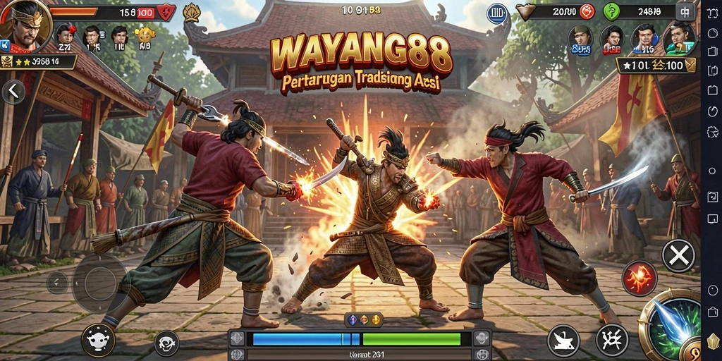 Gambaran gameplay WAYANG88 dengan pertarungan seru antar karakter.